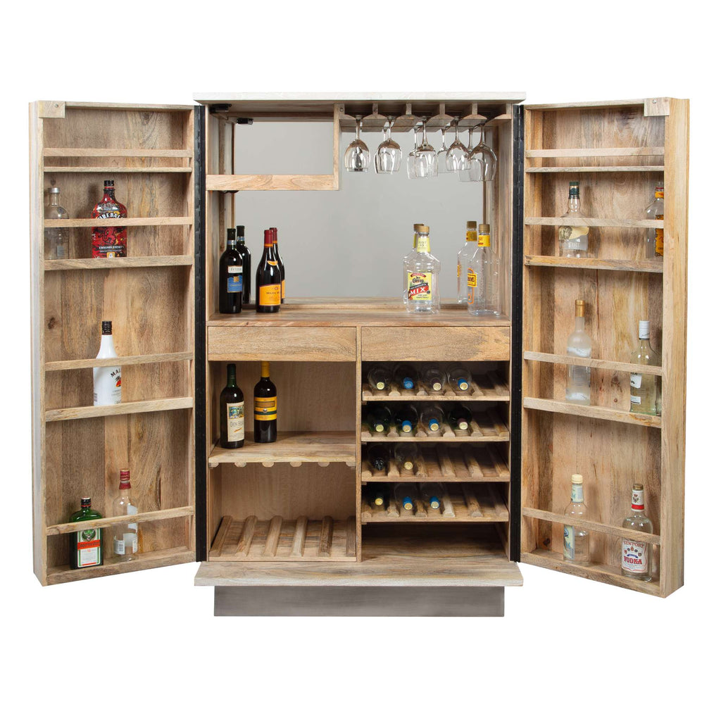 A stylish wooden bar cabinet with open doors, showcasing shelves filled with various alcoholic beverages and glassware.