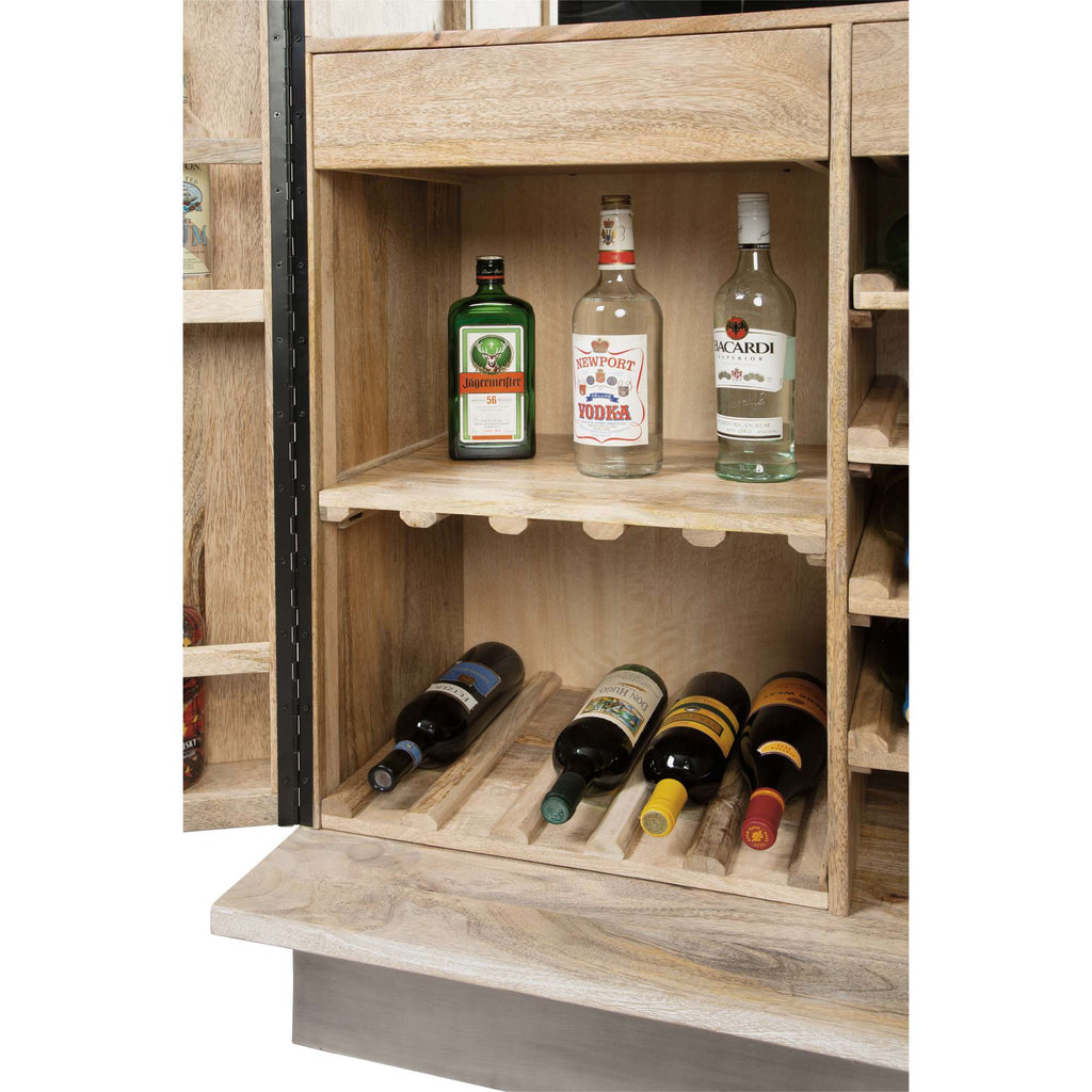 Wooden bar cabinet with various liquor bottles and wine positioned on shelves.
