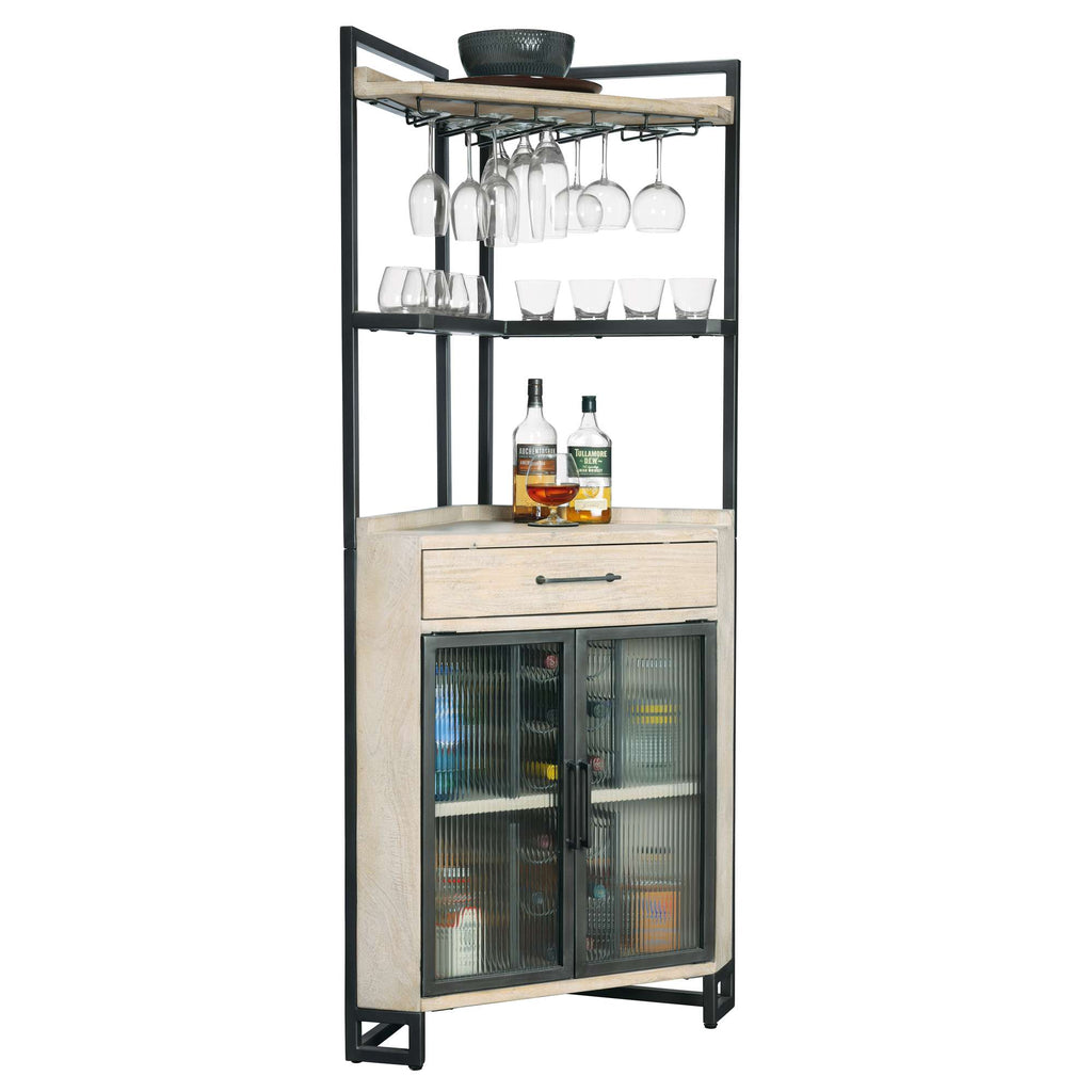 Modern bar cart with glassware and liquor bottles