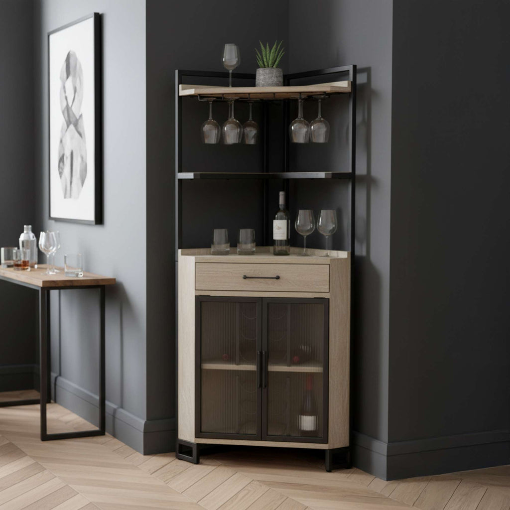 Modern bar cabinet in a stylish interior with glasses and a plant.