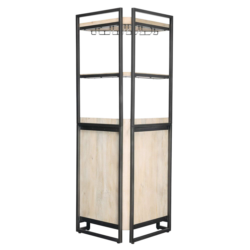 Industrial-style shelving unit with wooden shelves and metal frame.