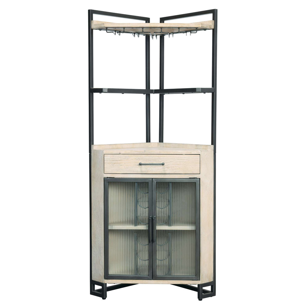 Modern corner cabinet with upper shelving and glass-front doors.