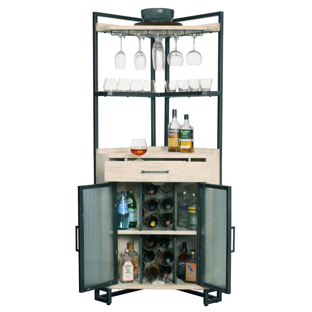 Stylish bar cabinet with glassware and bottles organized inside