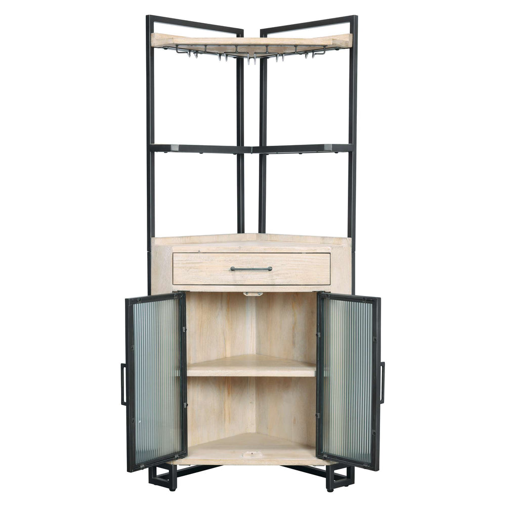 A modern corner cabinet with a wooden design and glass doors, featuring a top shelf and a drawer.