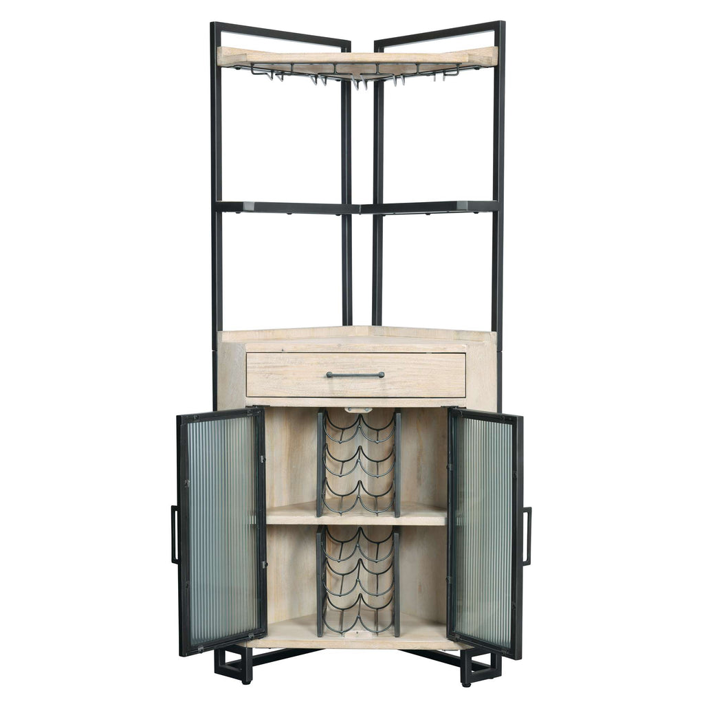 A stylish wooden storage unit with a metal frame featuring a top shelf, drawer, and glass-fronted doors.