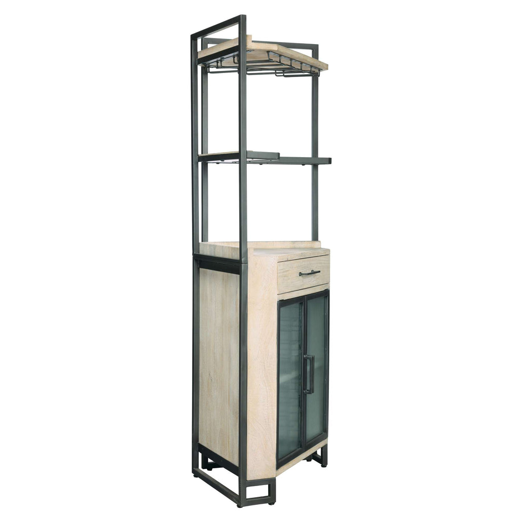 Tall kitchen storage cabinet with metal frame and wooden shelves