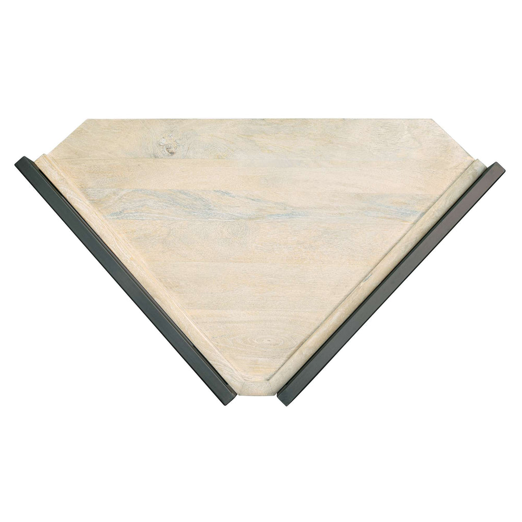 Triangular table top with a light wood finish and dark edges