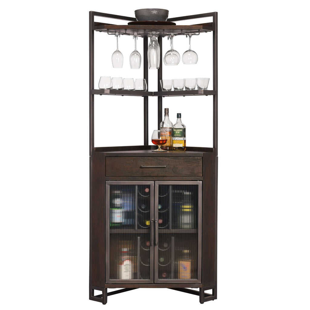 Modern corner bar cabinet with wine storage, glass rack, and shelves.