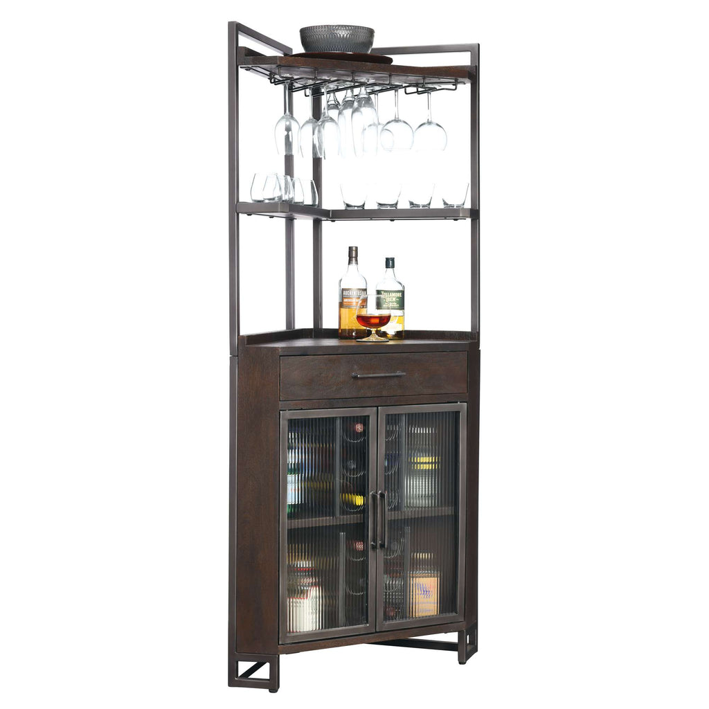 A tall metal bar cart with a glass holder, storage for bottles, and a countertop.