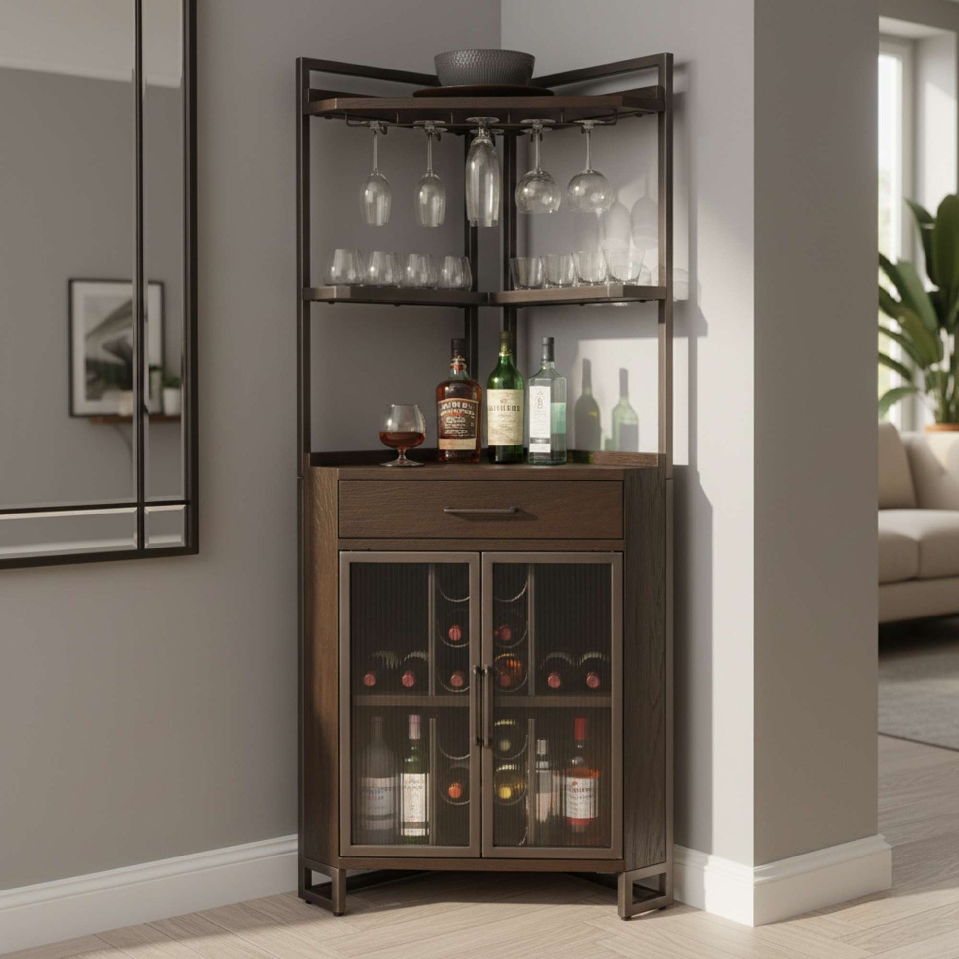 A stylish corner bar cabinet with wine storage and glassware display.