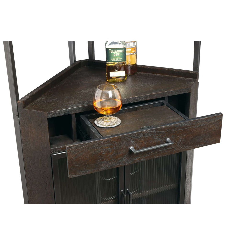 A stylish corner bar cabinet with a drink and drawer open