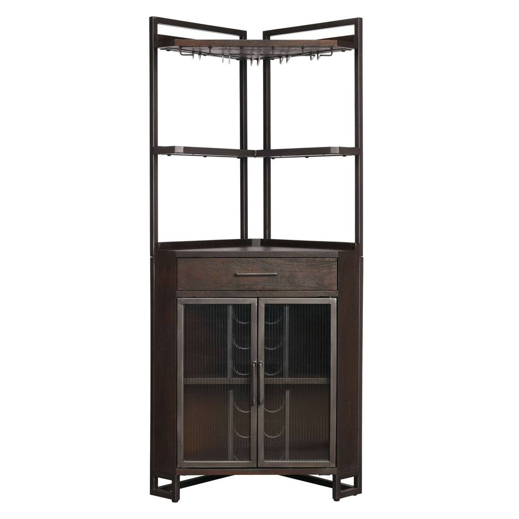 Corner bar cabinet with glass shelves and a wooden base