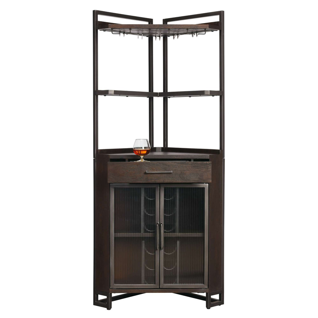 A stylish corner bar cabinet featuring a dark finish, glass storage, and a drink on top.