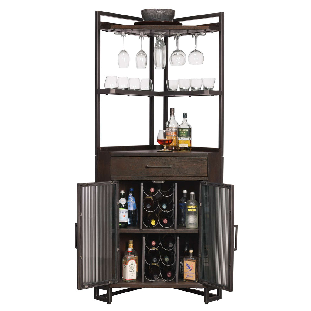 A stylish bar cabinet showcasing various bottles of liquor and wine, with glasses hanging above.