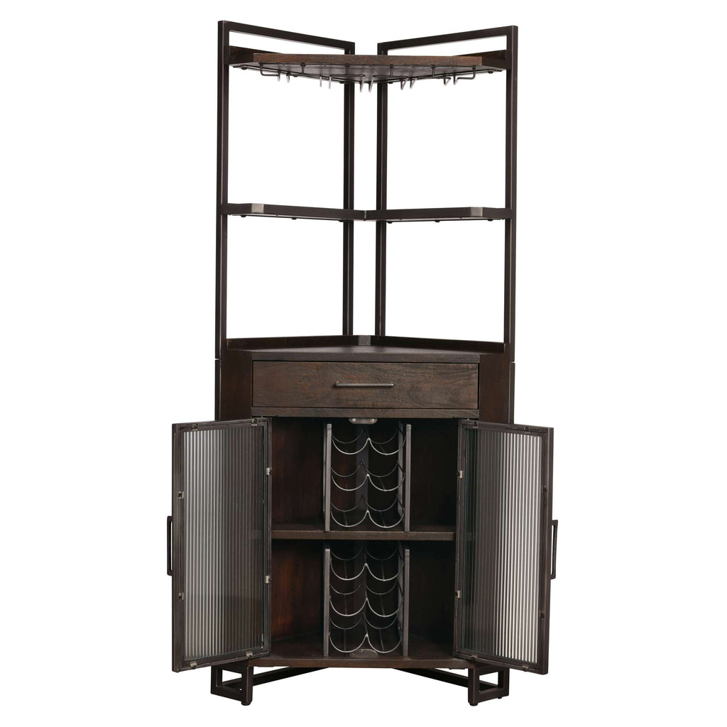 A stylish corner bar cabinet with an upper shelf, a drawer, and two glass-fronted compartments for storage.