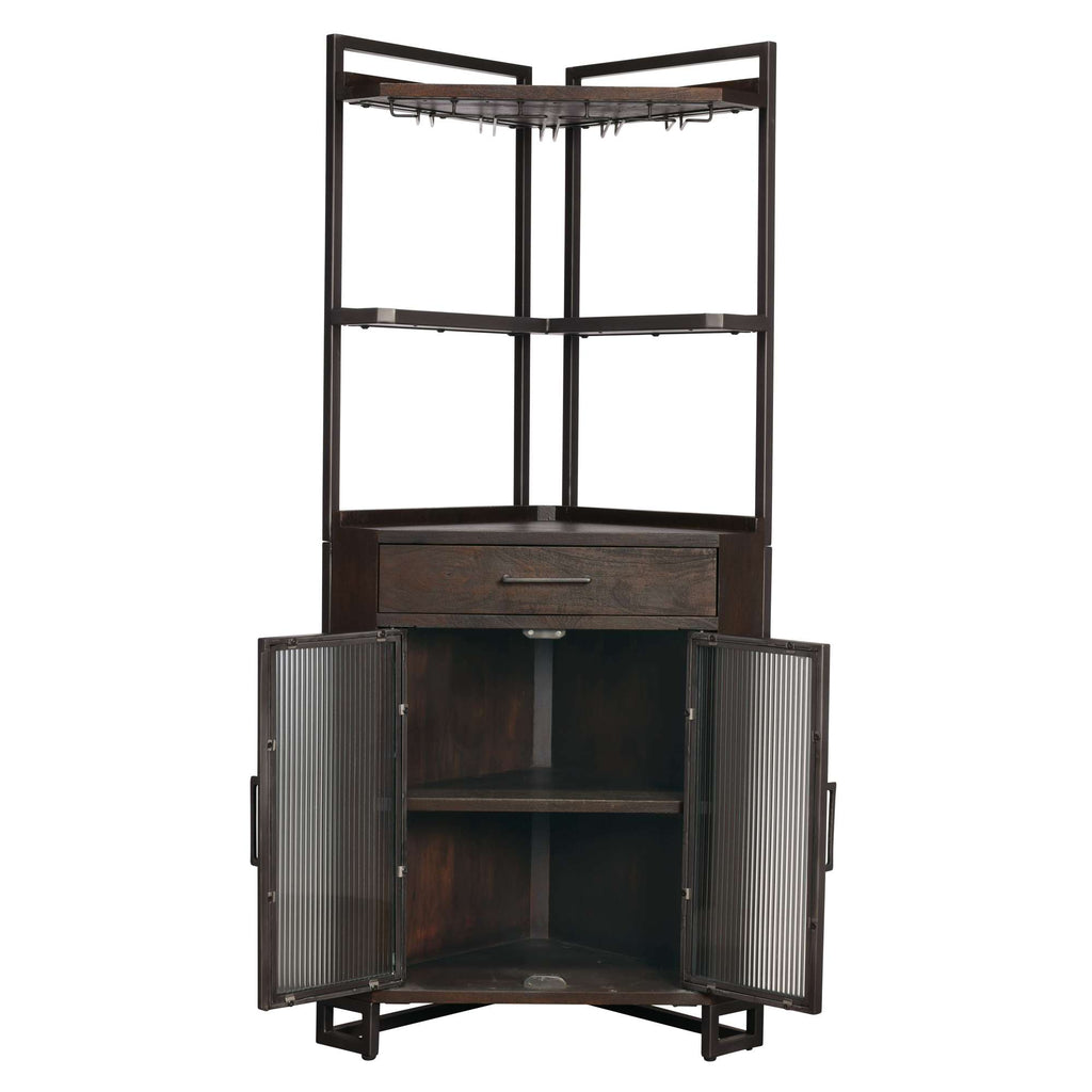 Corner cabinet with open shelves and double doors