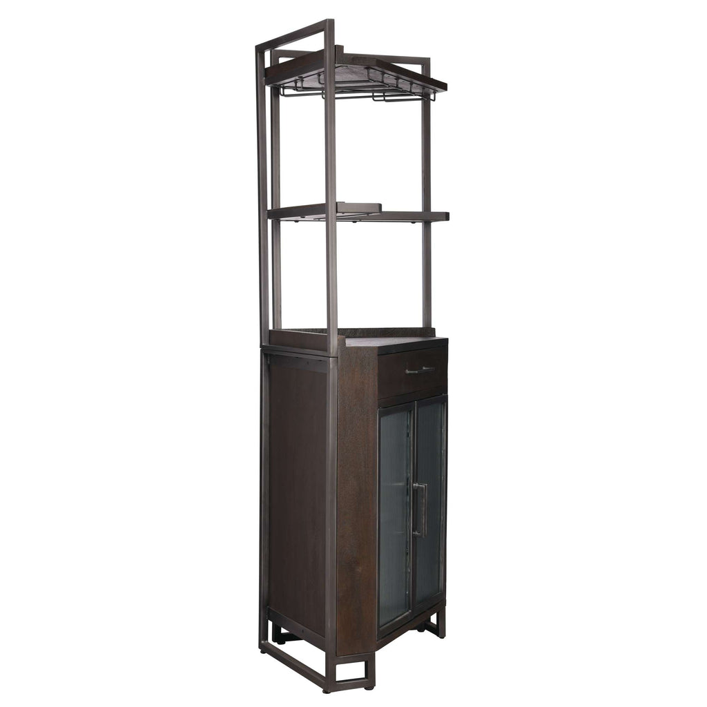 A tall, modern storage cabinet with open shelves and a closed cabinet section.