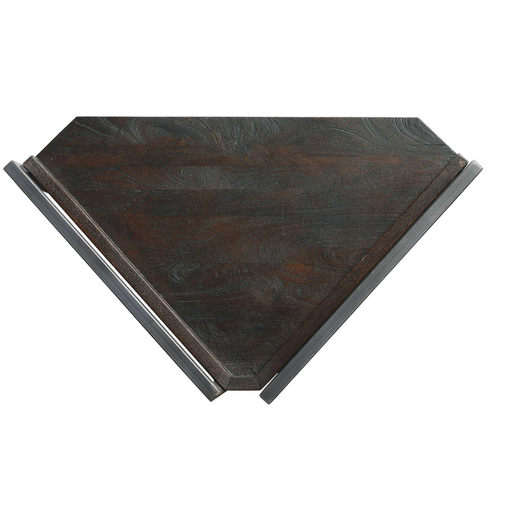 A triangular wooden tabletop with metallic edges.