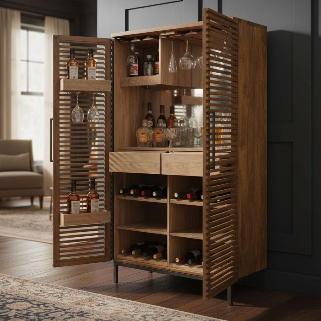 A wooden bar cabinet with glassware and bottles displayed, set in a cozy interior.
