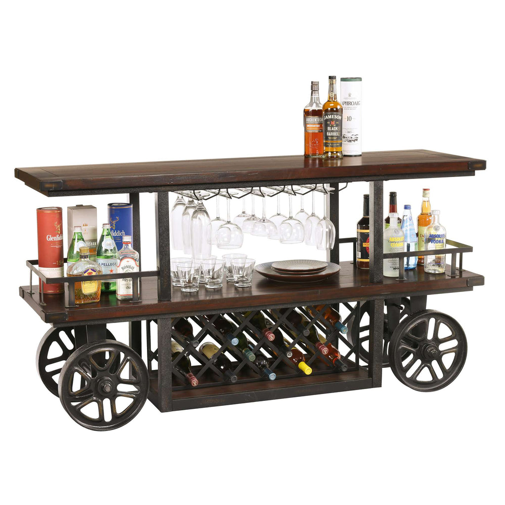 A wooden bar cart with bottles, glasses, and wine storage on wheels.
