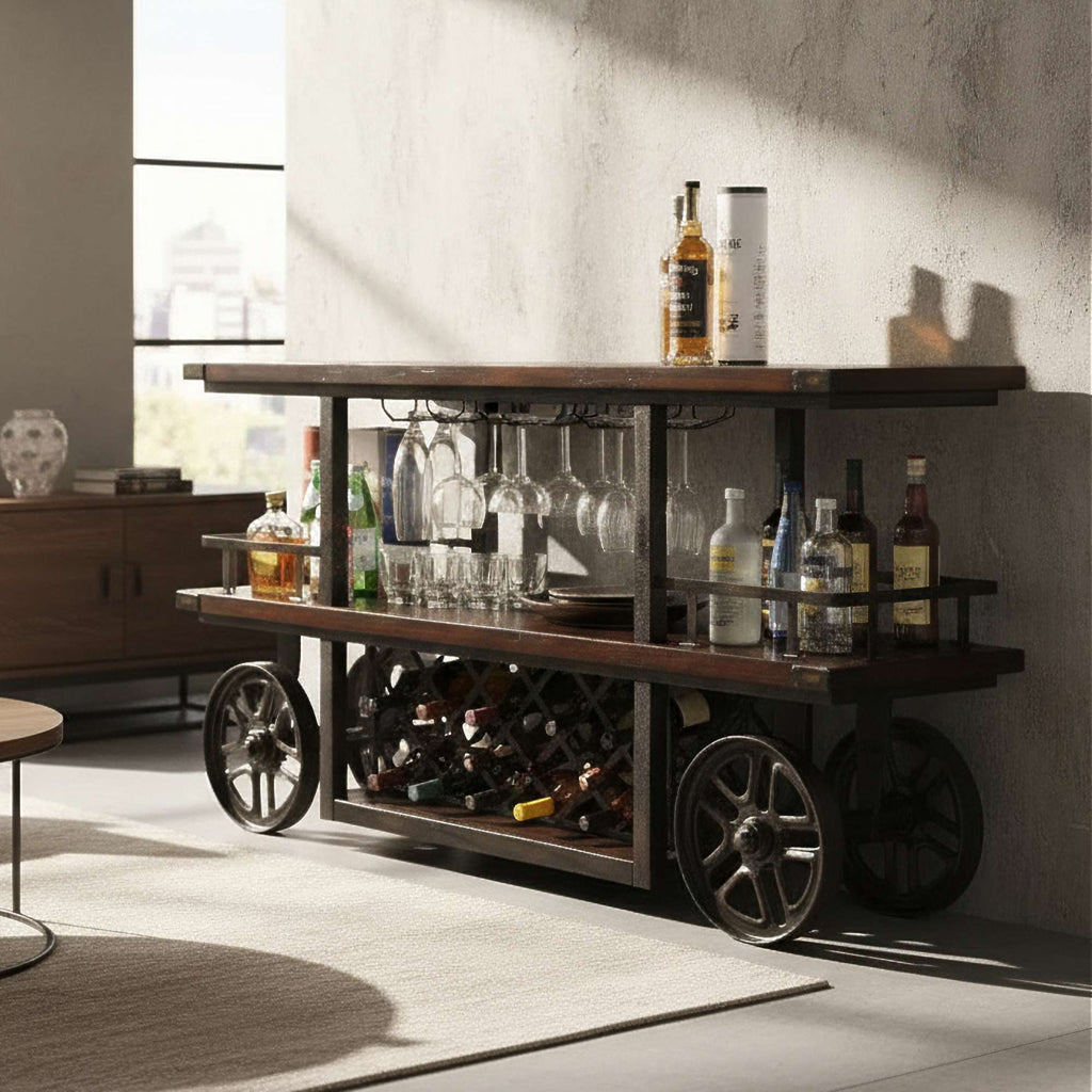 A stylish wooden bar cart with glassware and bottles, featuring a vintage design on wheels.