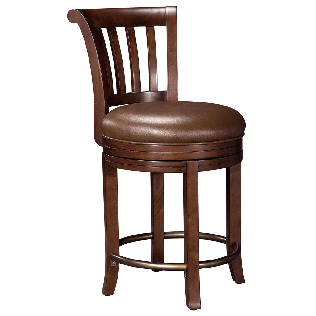 Brown wooden bar stool with a padded seat.