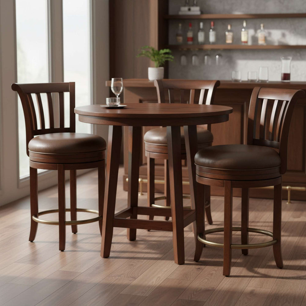 A wooden dining table with two matching bar stools in a bright room.