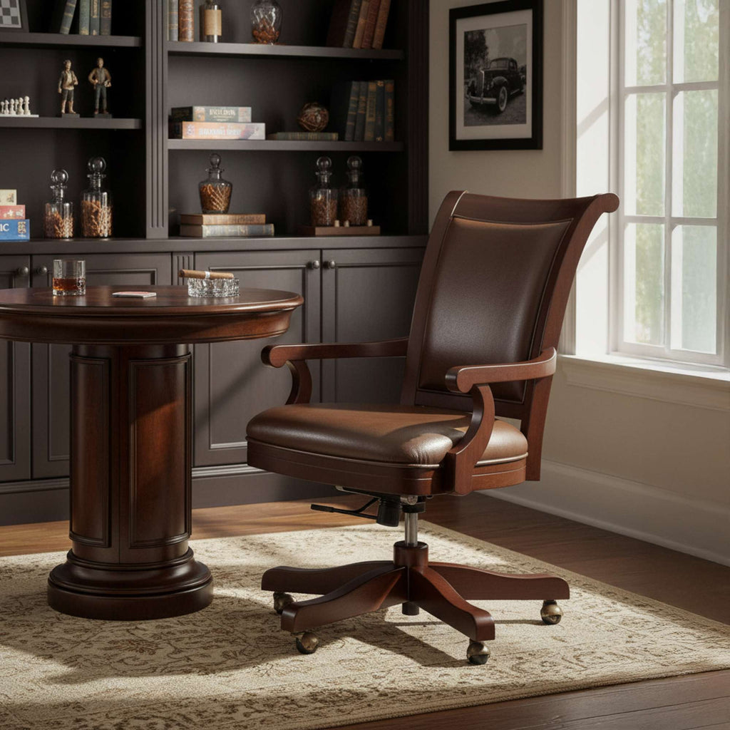 A stylish wooden office chair next to a round table in a well-lit room.