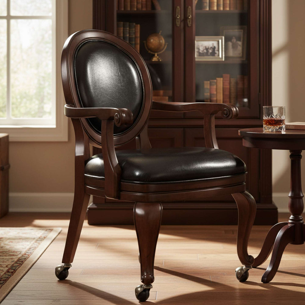 Elegant wooden chair with black leather seating beside a small table.