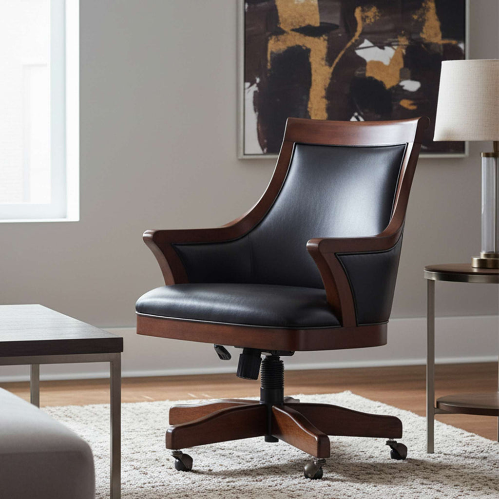 A modern black leather office chair with wooden arms and base, placed in a stylish living space.