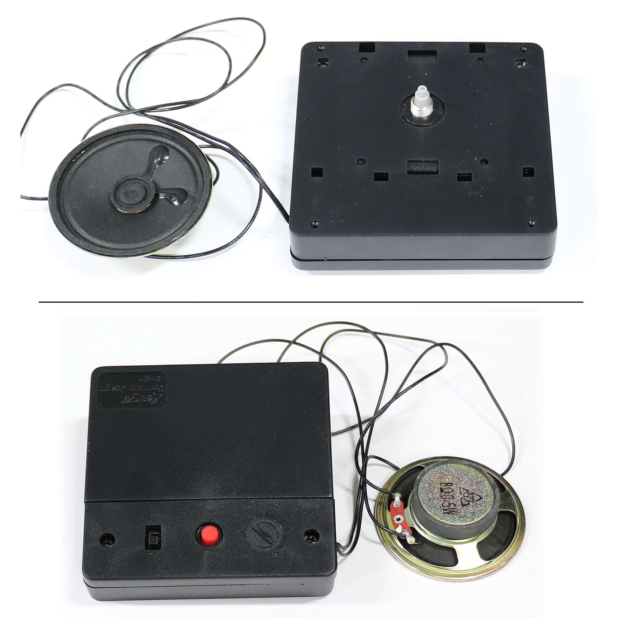 A black electronic device with an attached speaker and wires, shown from two angles.