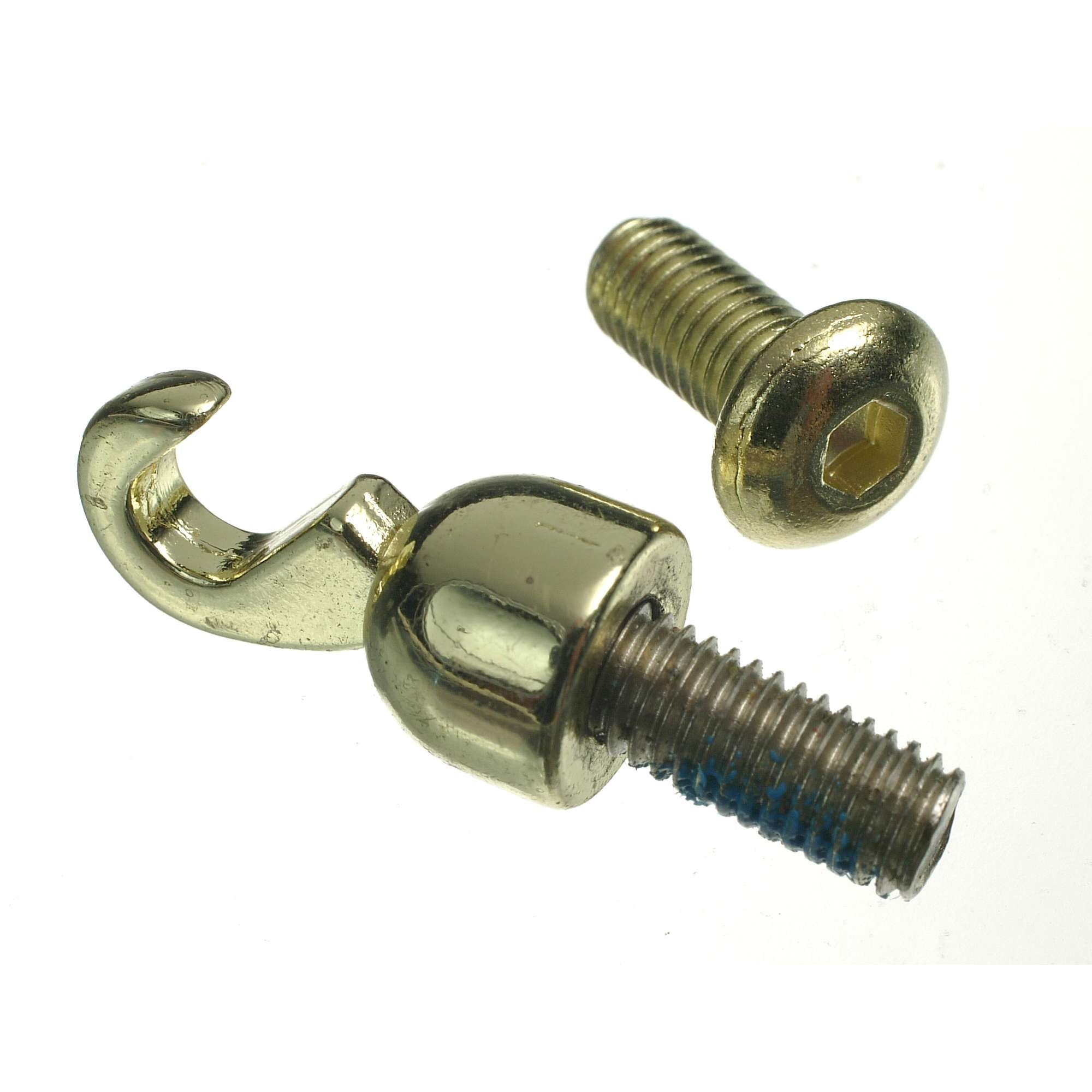A metal hook and a screw placed beside each other.