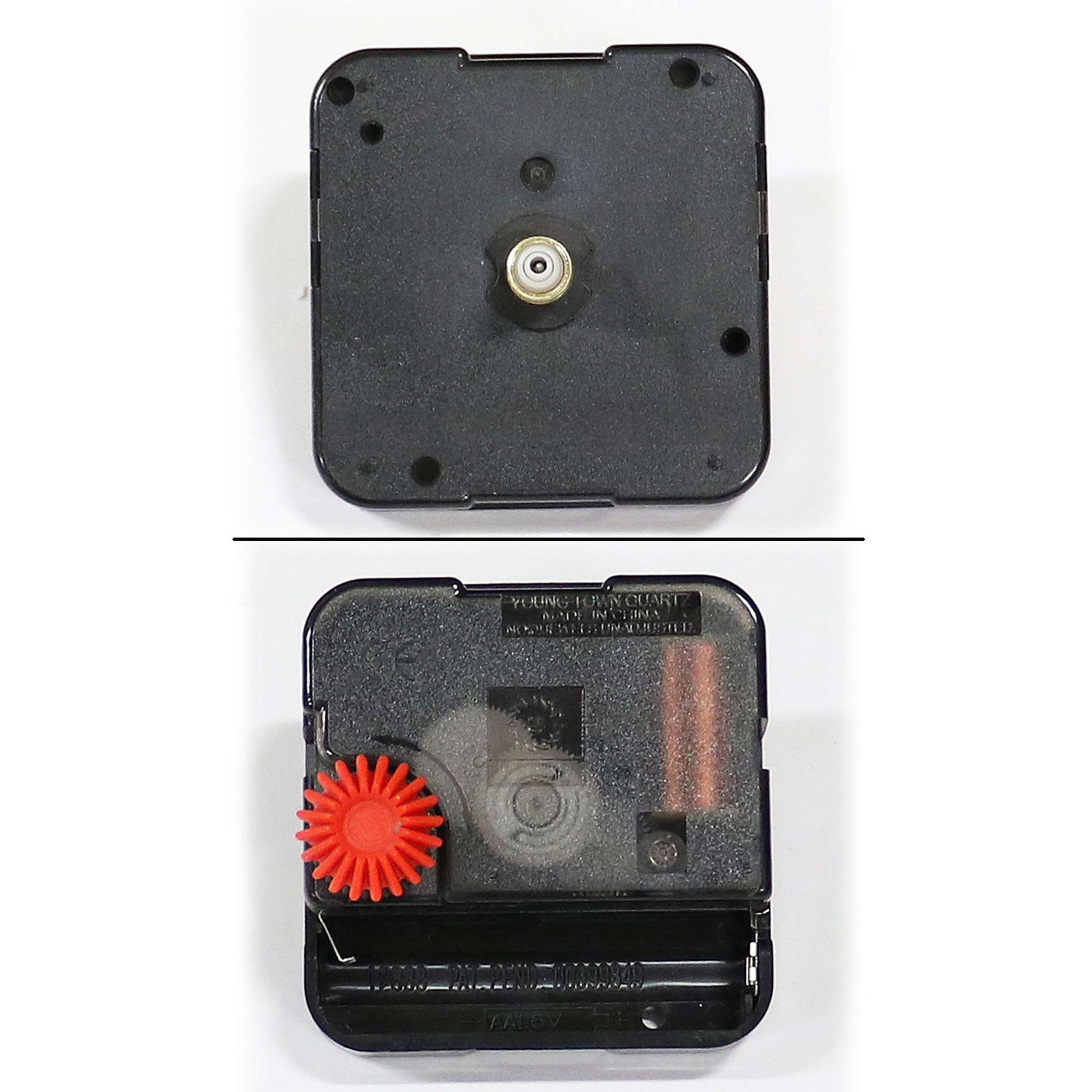 Top and bottom view of a black mechanical timer with visible gears and a red knob.