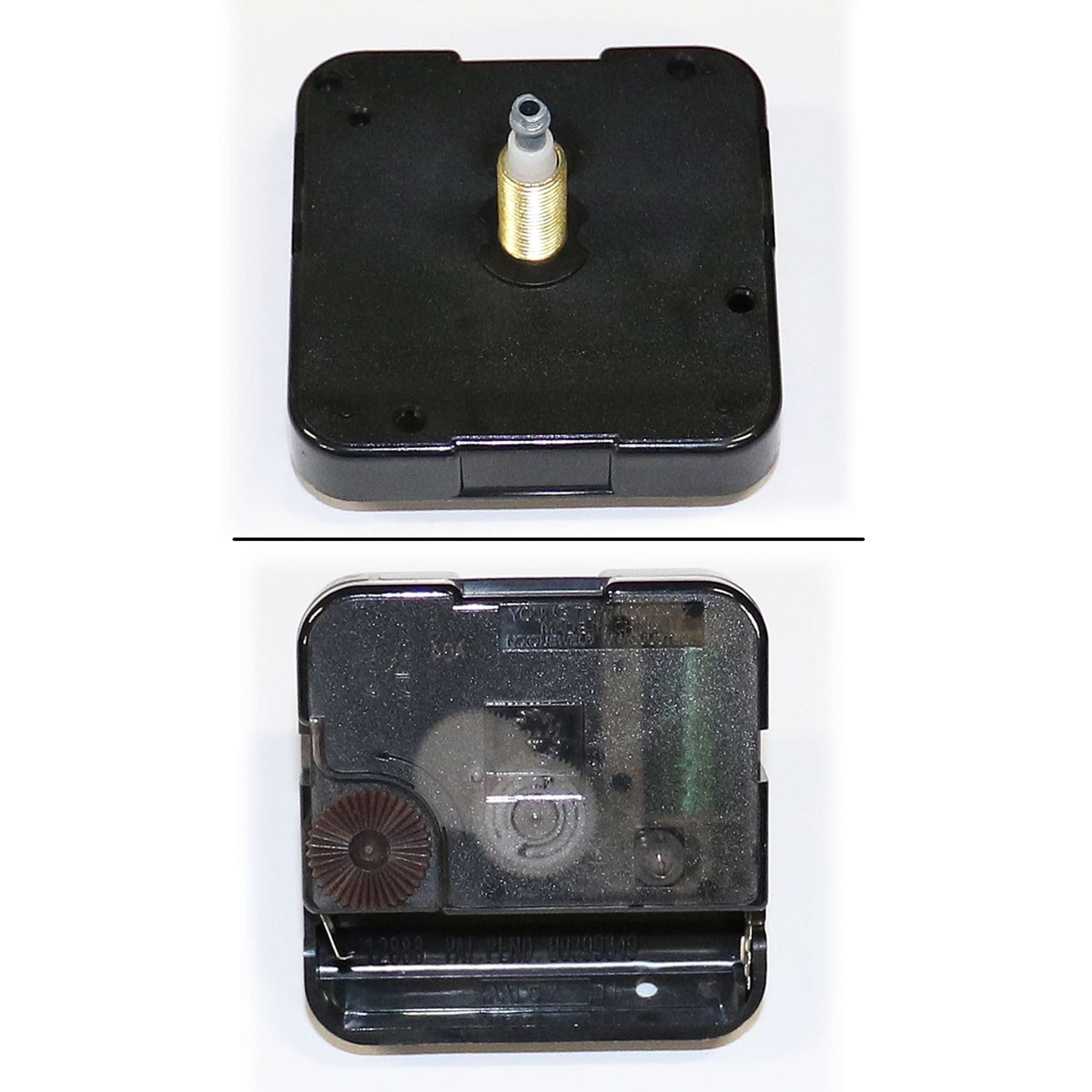 Top and bottom view of a black clock mechanism with a gold shaft.