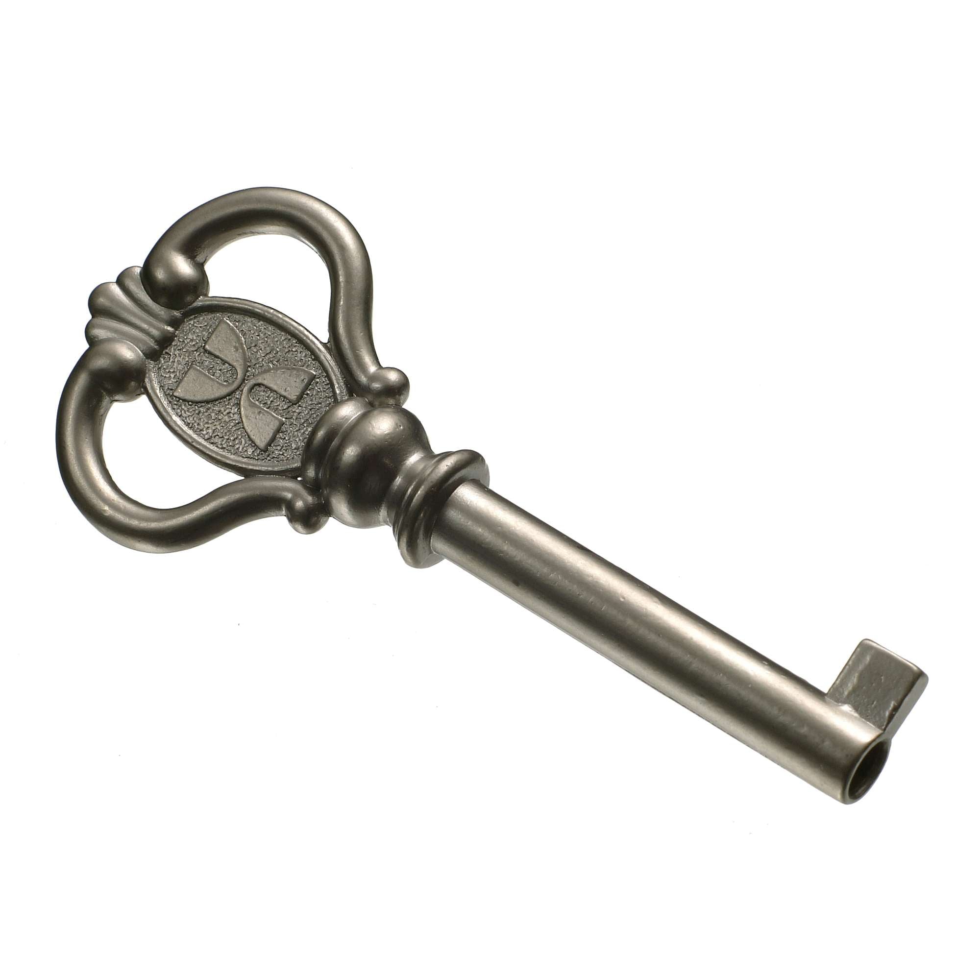 An ornate antique key with a decorative handle.