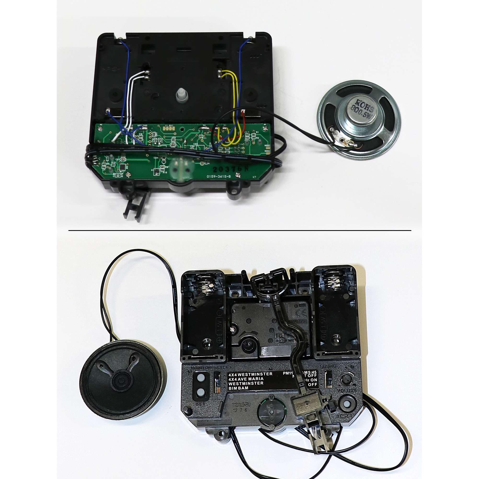 Disassembled audio device showcasing internal components and wiring.