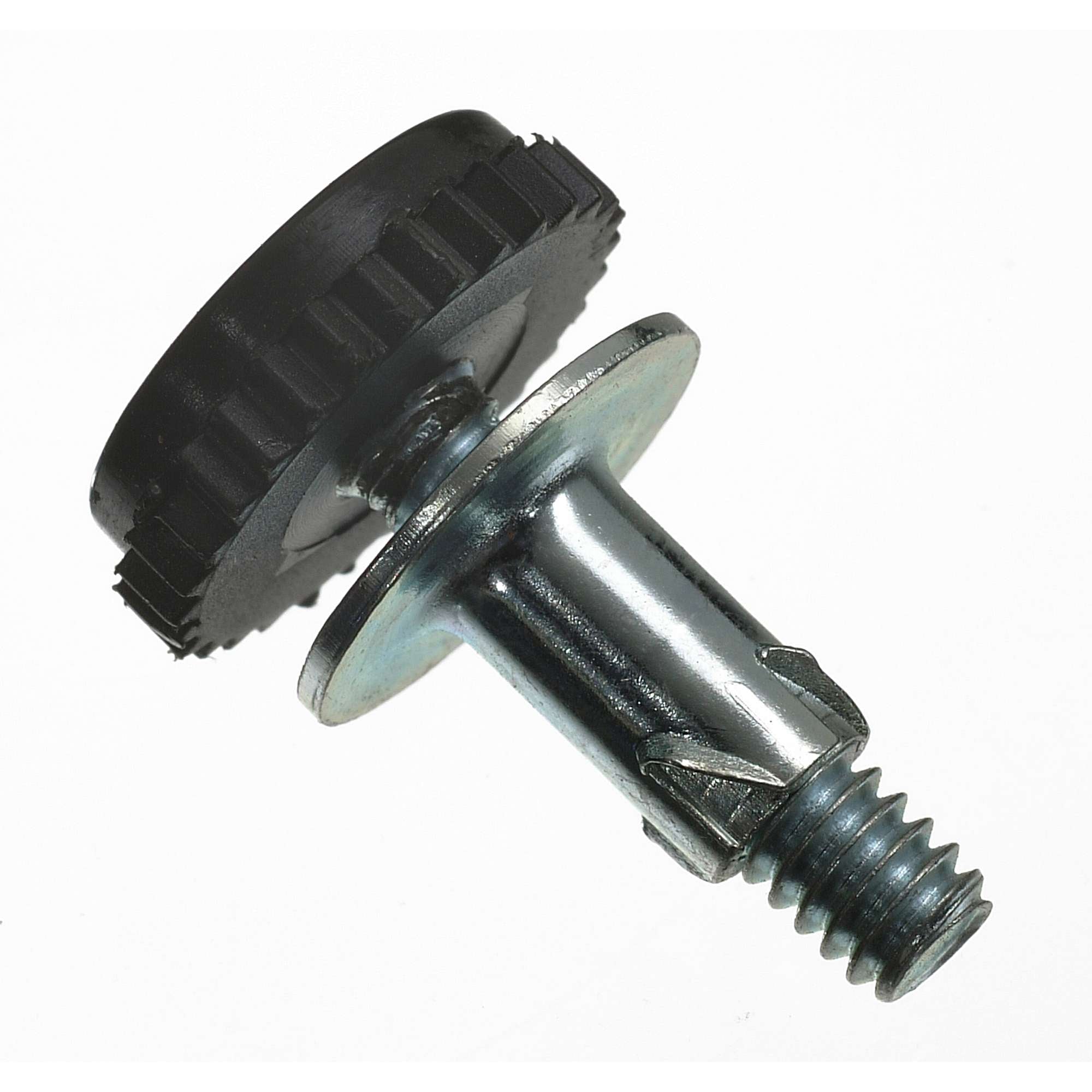 Close-up of a metal screw with a black knob attached.