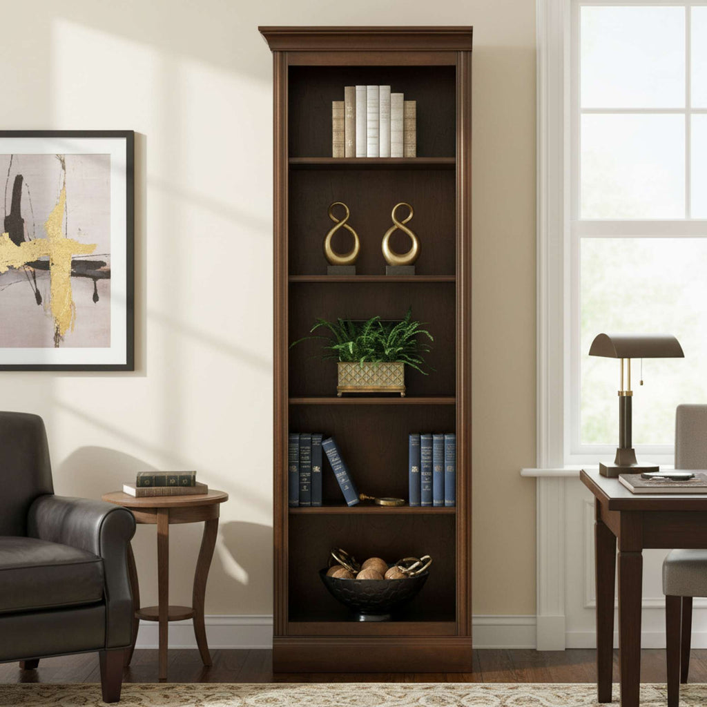 A tall wooden bookshelf displaying decorative items and books in a cozy interior setting.
