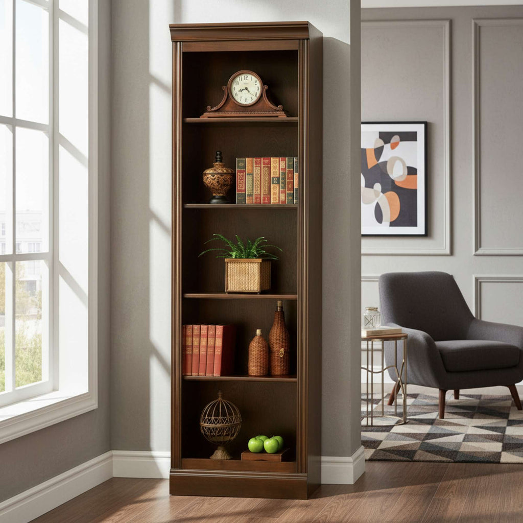 Tall wooden bookshelf with decorative items and books, beside a window and chair.