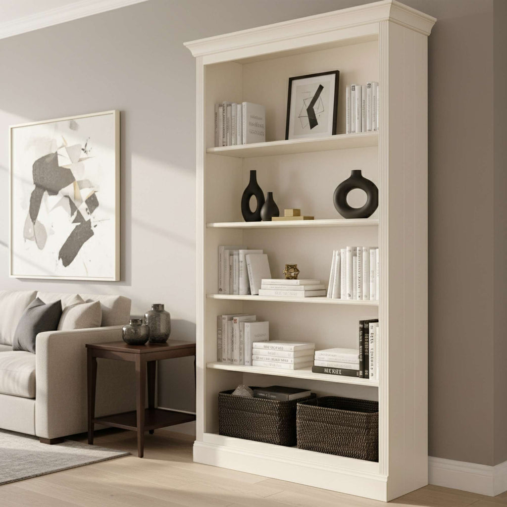 Modern white bookshelf with decorative items in a stylish living room