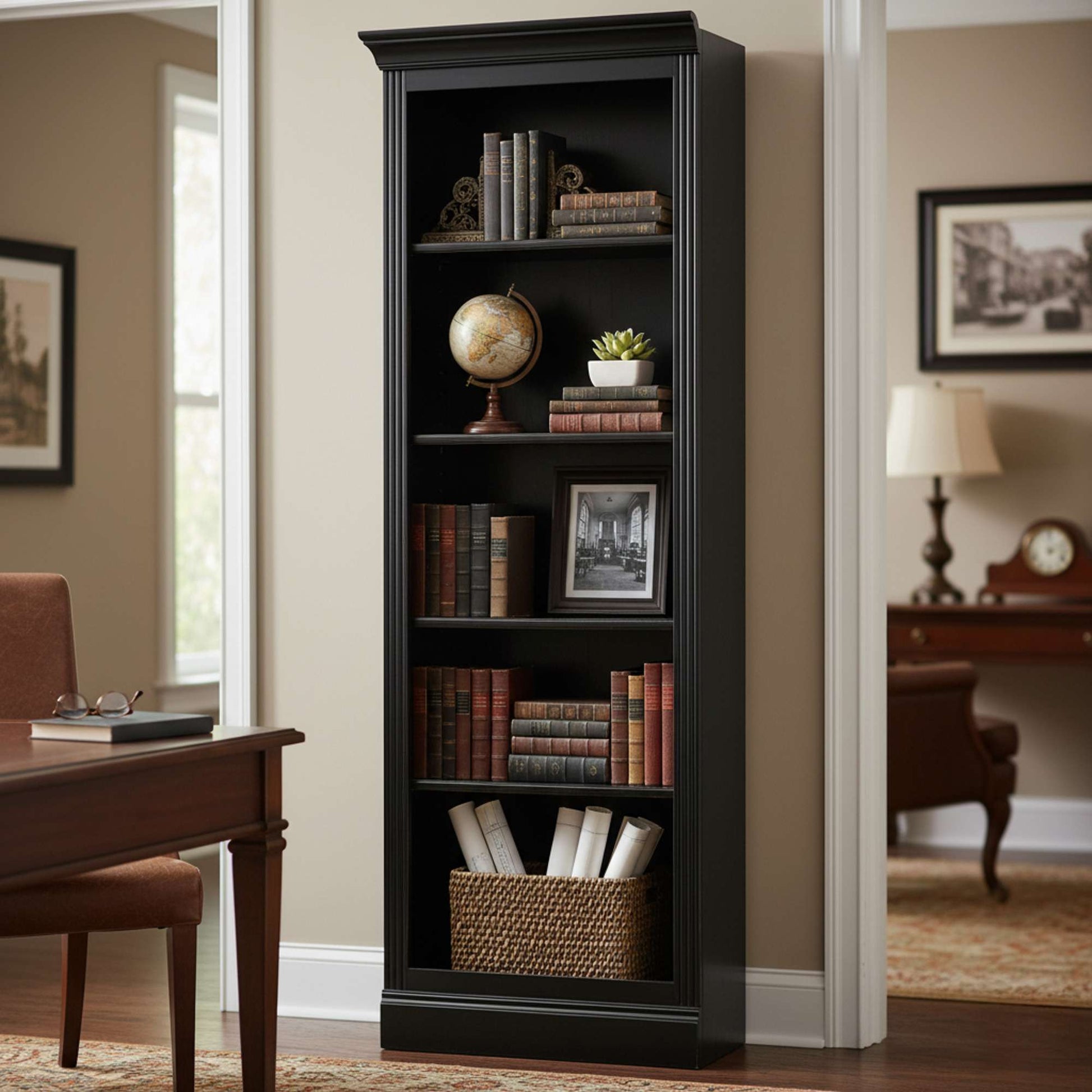 A tall black bookshelf filled with books, a globe, and decorative items in a cozy room