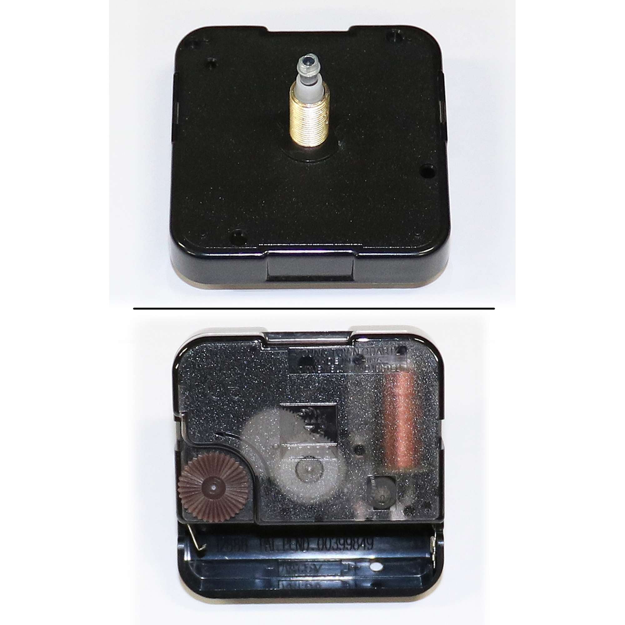 Top and bottom views of a clock mechanism showing internal gears.