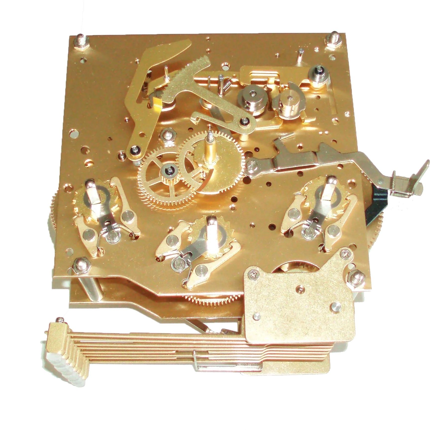 Gold clock movement mechanism with intricate gears and levers for precise timekeeping.