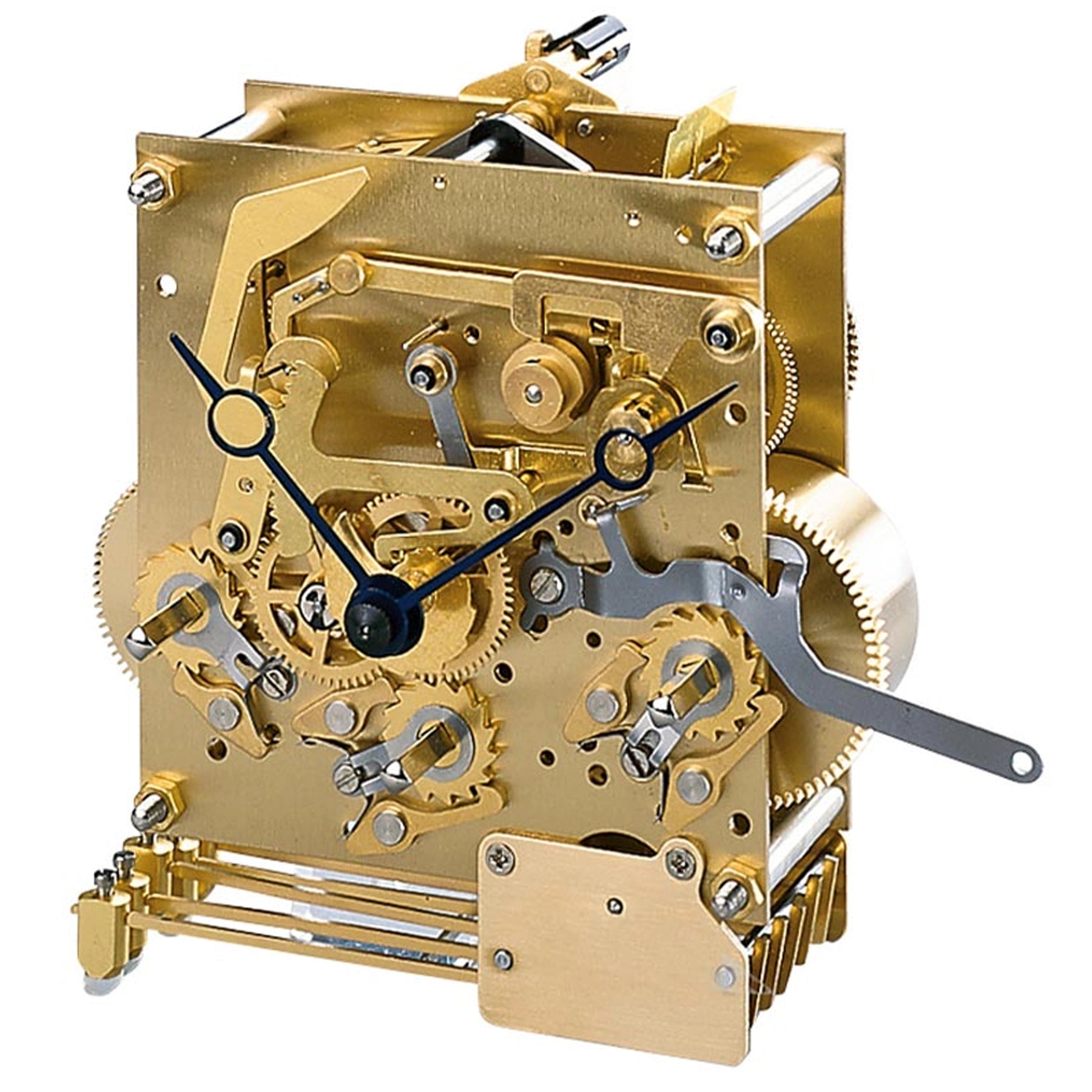 Intricate gold mechanical clock movement with black hands and visible gears for vintage home decor.