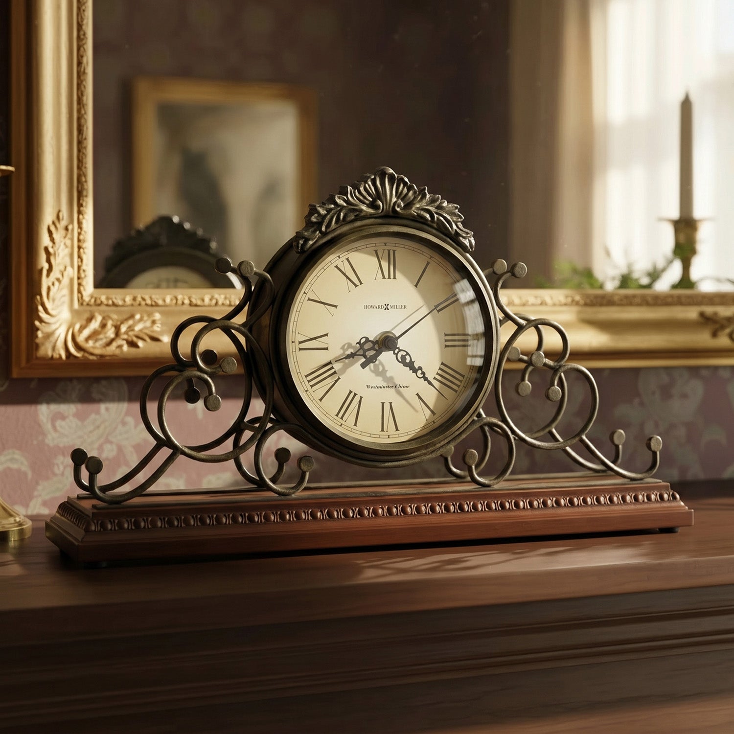 Decorative clock on a wooden mantel piece with a blurred background