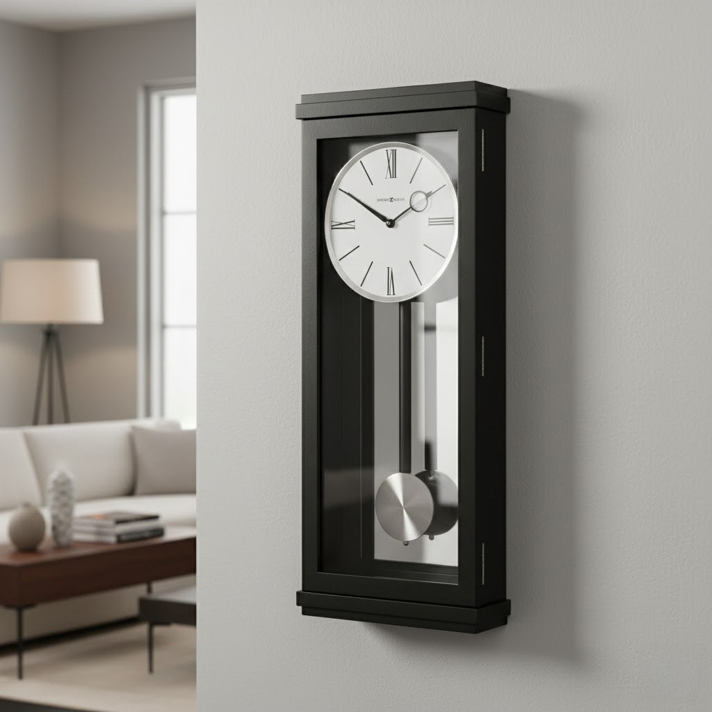 Modern black wall clock with white face and pendulum, stylish home decor, sleek design for any room.