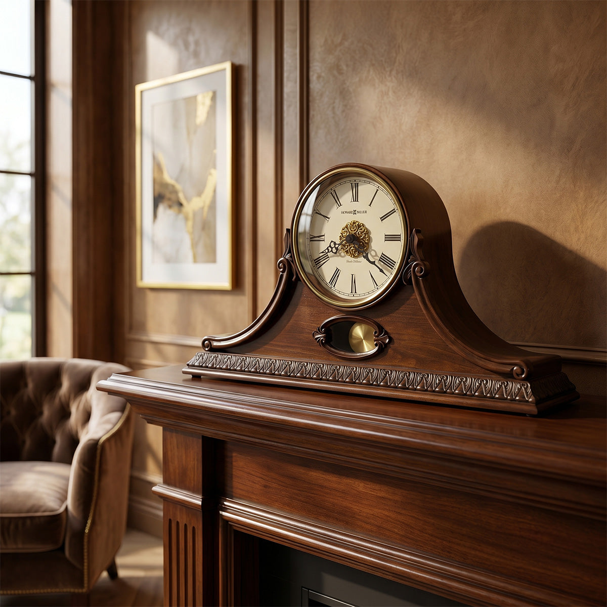 Wooden mantel clock on a wooden mantelpiece with a blurred background