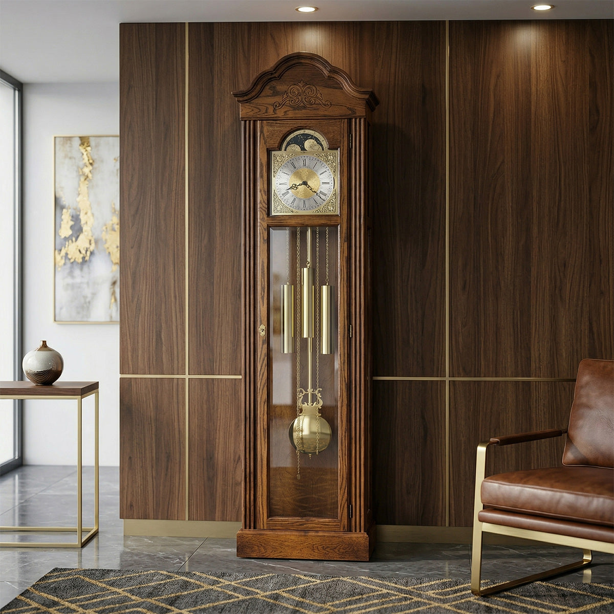 Wooden grandfather clock in a room with a brown leather chair and abstract art on the wall.