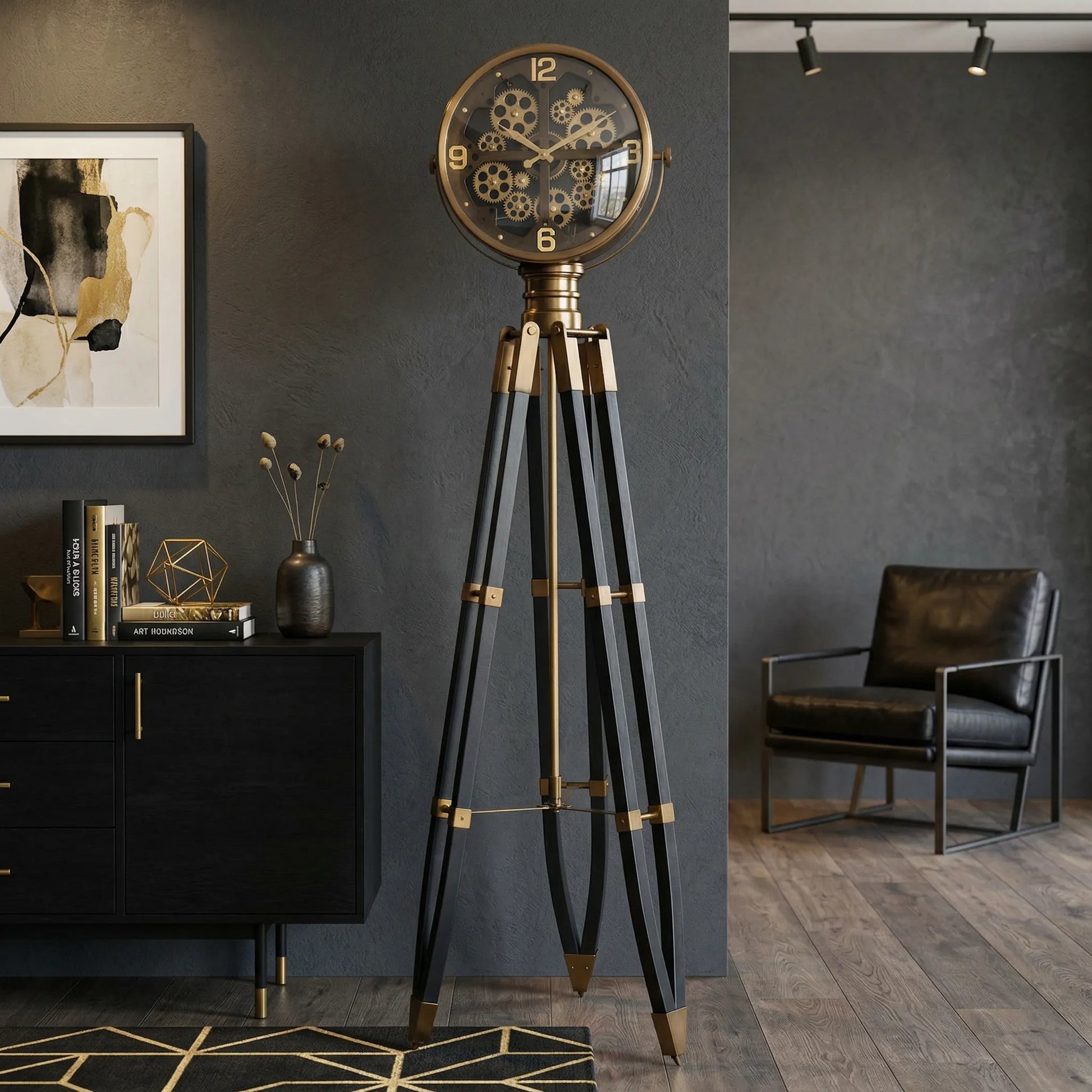 Decorative Grandfather clock with a built-in tripod stand in a modern interior setting.
