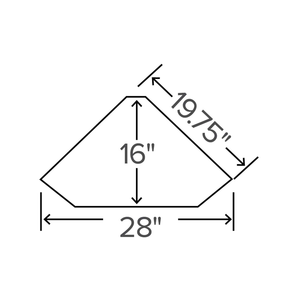 Diagram showing the dimensions of a trapezoidal shape: 28 inches wide, 19.75 inches tall, and 16 inches deep.